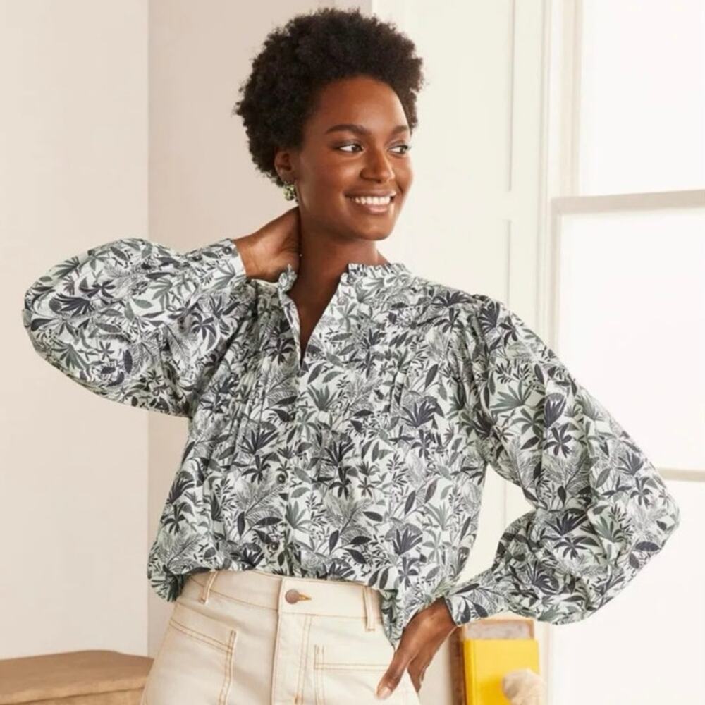 Boden Size 8 Miranda Blouse Poplin Button Front Palm Leaves Botanical